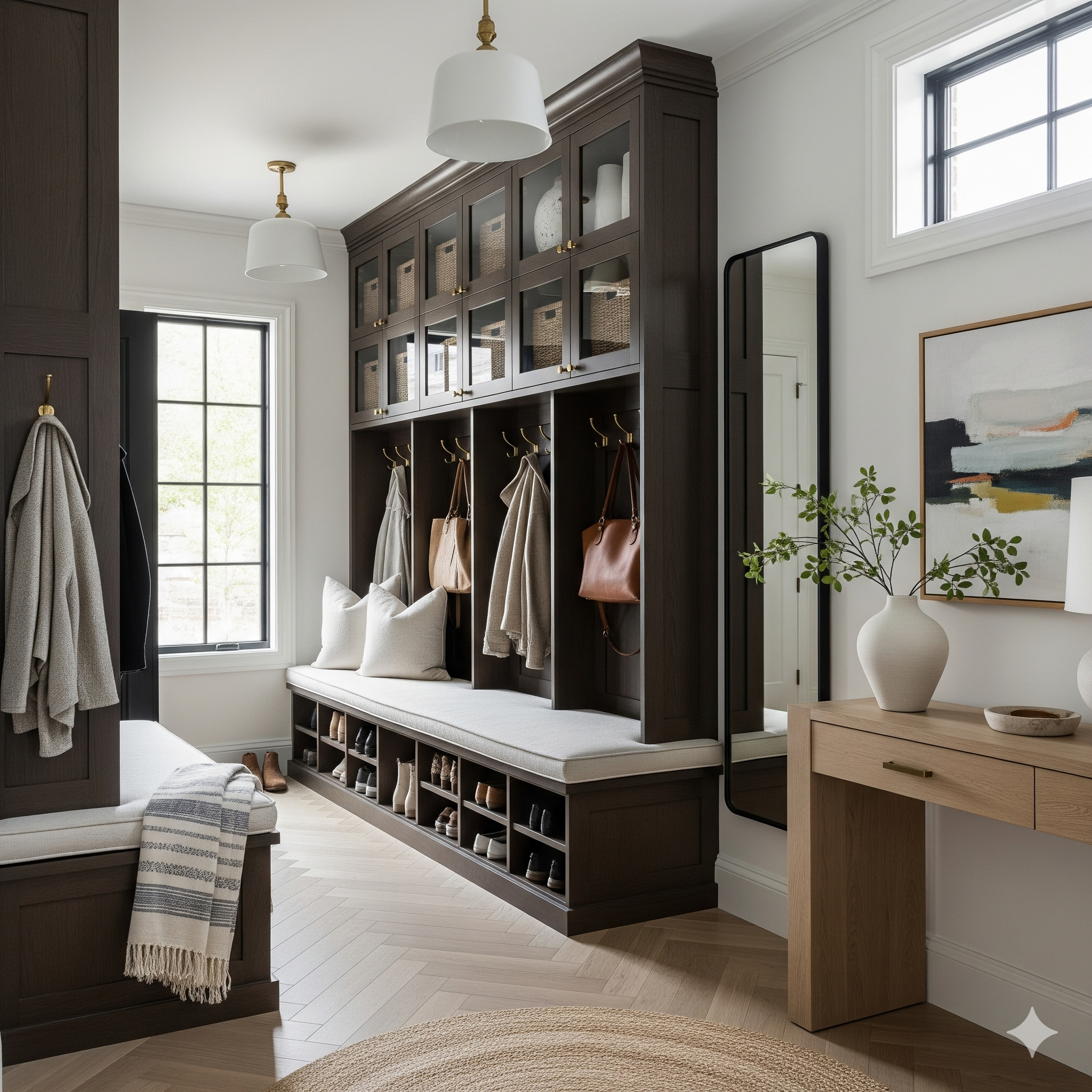 Cozy kitchen nook with built-in bench seating and storage cabinets.
