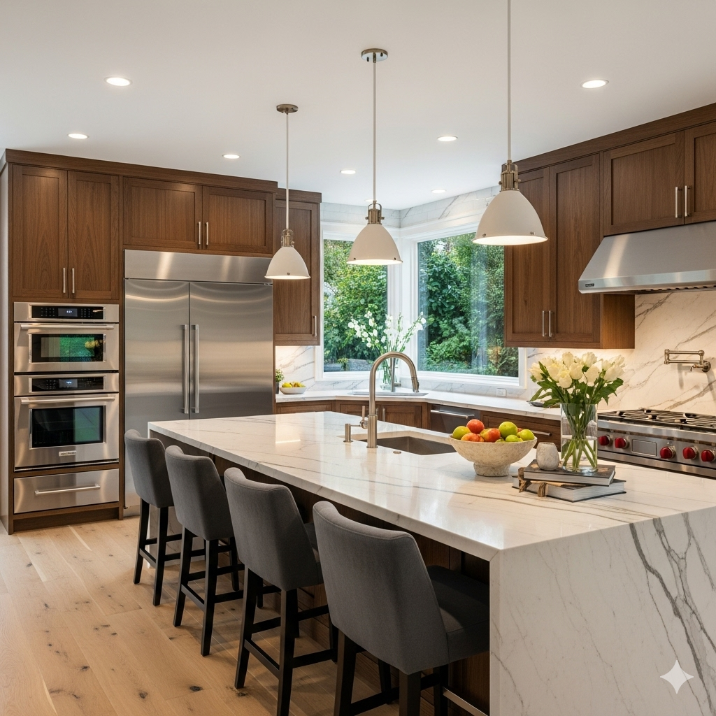 Spacious kitchen island with extensive storage and seating area.