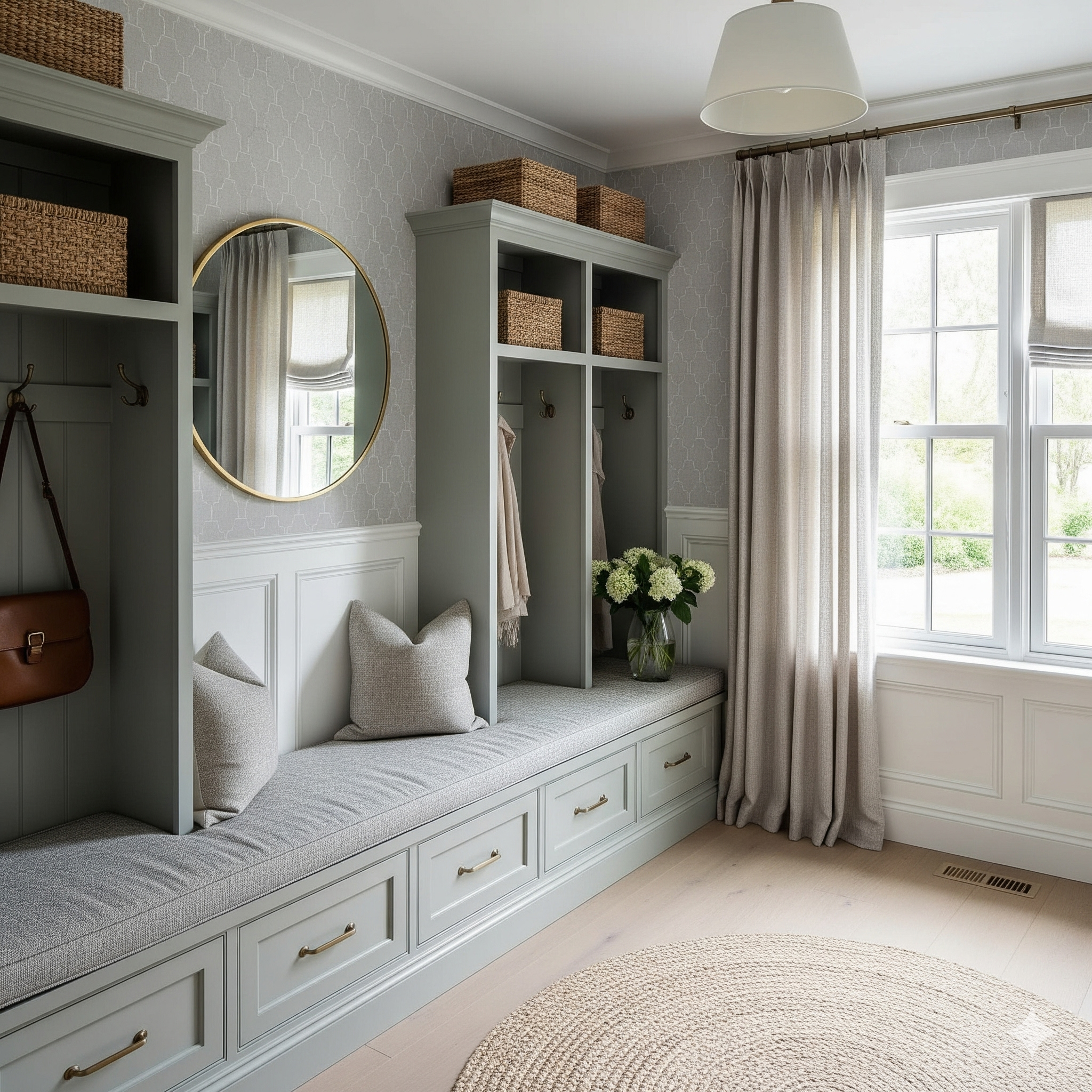 Custom floor-to-ceiling pantry cabinets in a classic white finish.