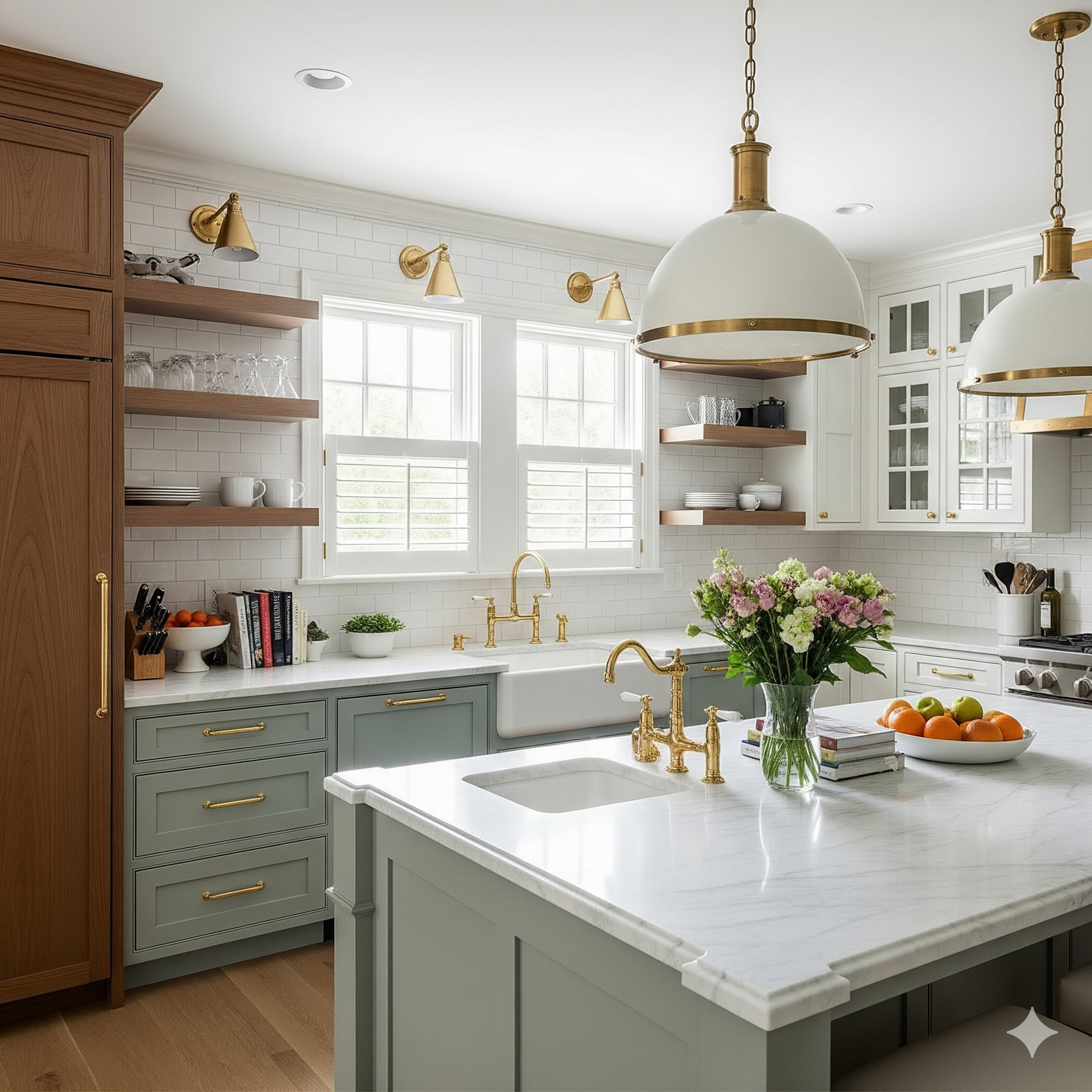 Elegant bathroom vanity with dual sinks and custom-built storage.