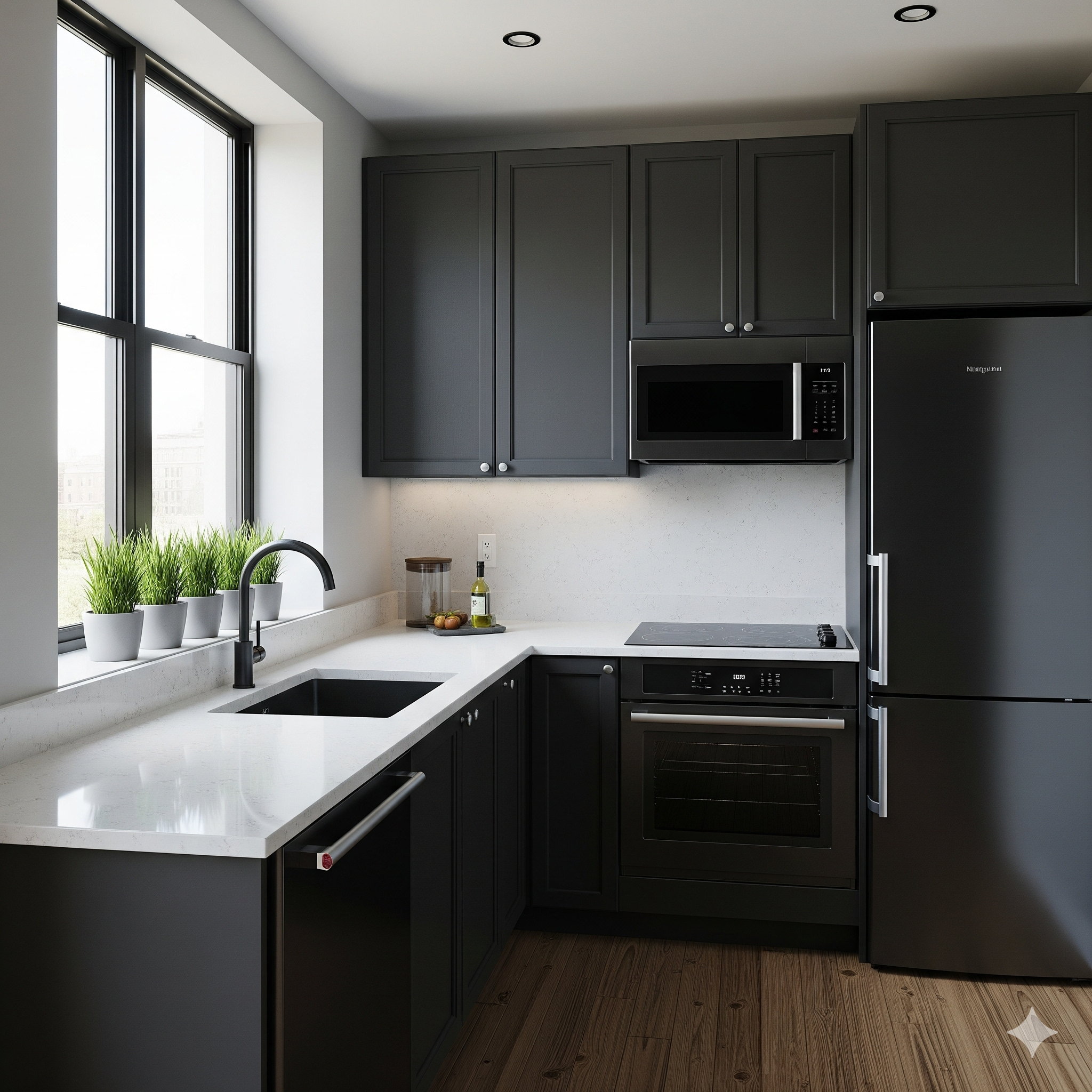 A minimalist kitchen featuring handleless cabinets and a clean design.